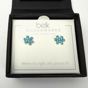 Belk Silverworks Sterling Silver Blue Puzzle Piece Stud Earrings NIB Gift